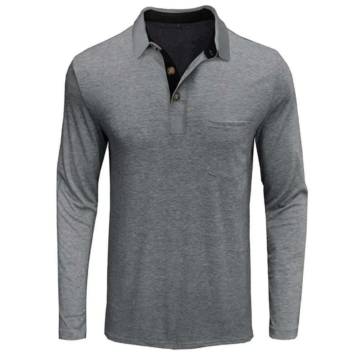 Grey long-sleeve polo shirt laid flat showing contrast collar and buttons