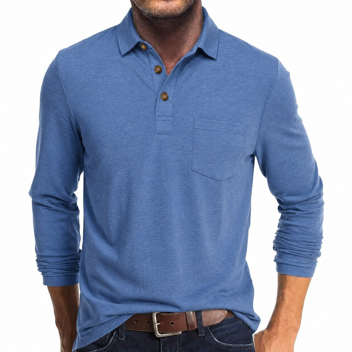 Denim blue long-sleeve polo shirt with buttoned placket and chest pocket