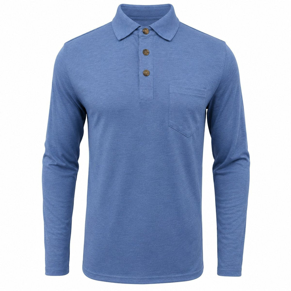 Denim blue long-sleeve polo shirt laid flat showing collar and pocket detail