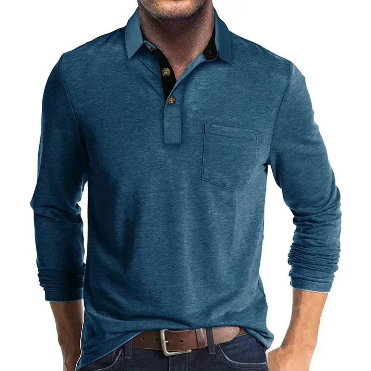 Teal long-sleeve polo shirt with contrasting black collar trim and chest pocket