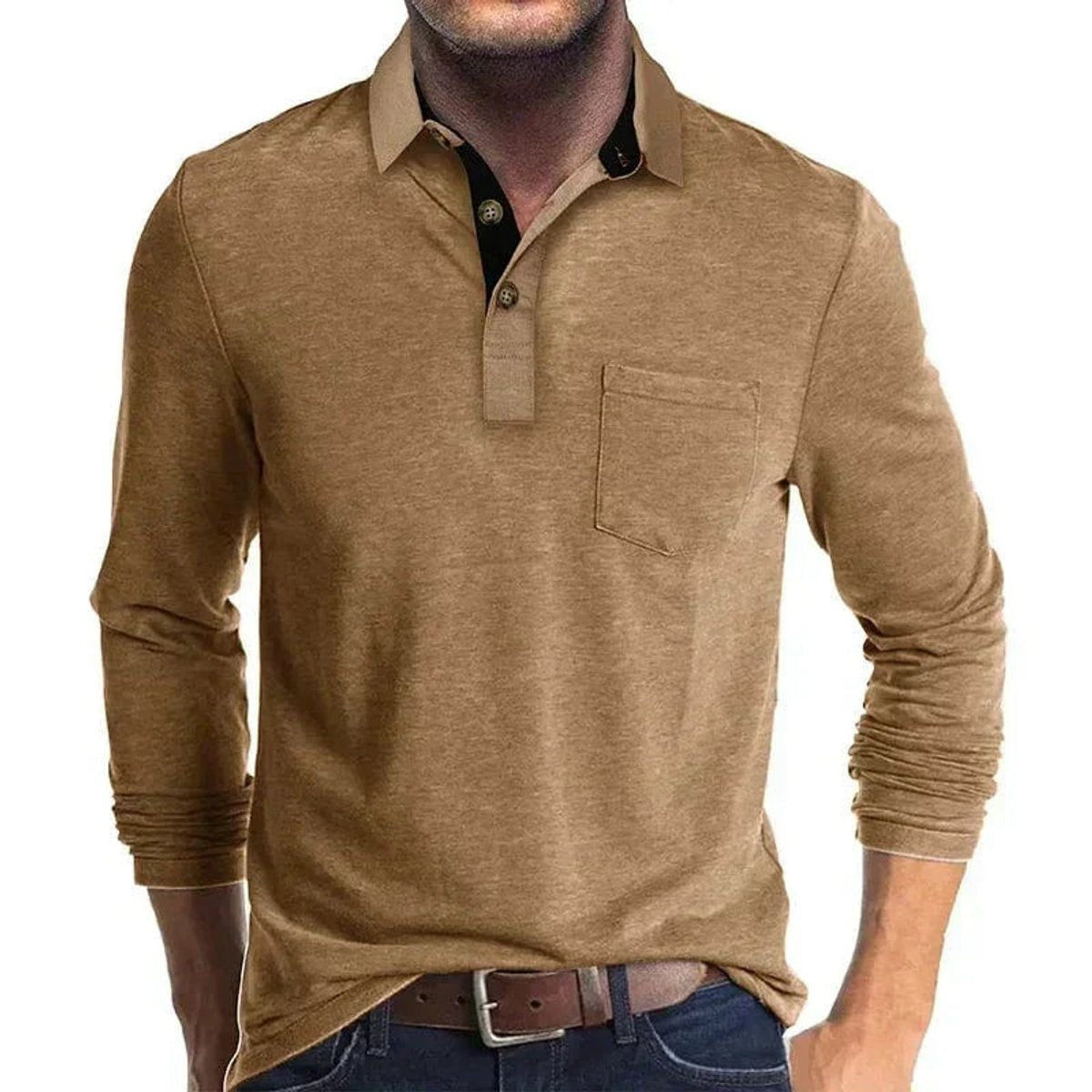 Camel long-sleeve polo shirt featuring contrast collar and buttoned placket