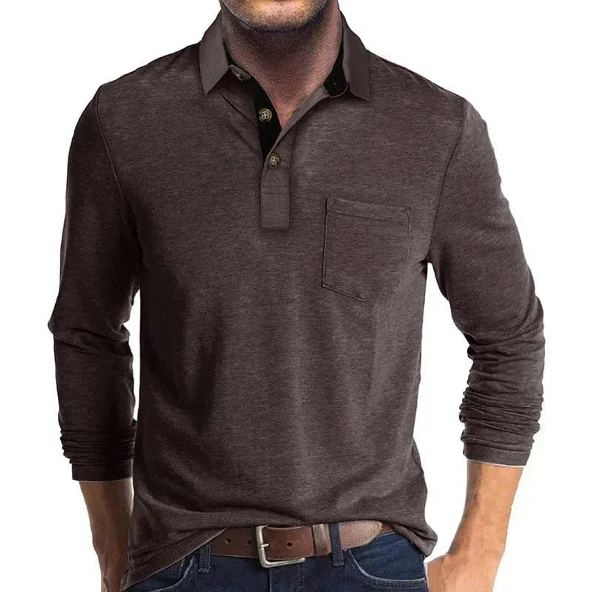 Brown long-sleeve polo shirt with contrast black collar detail and pocket