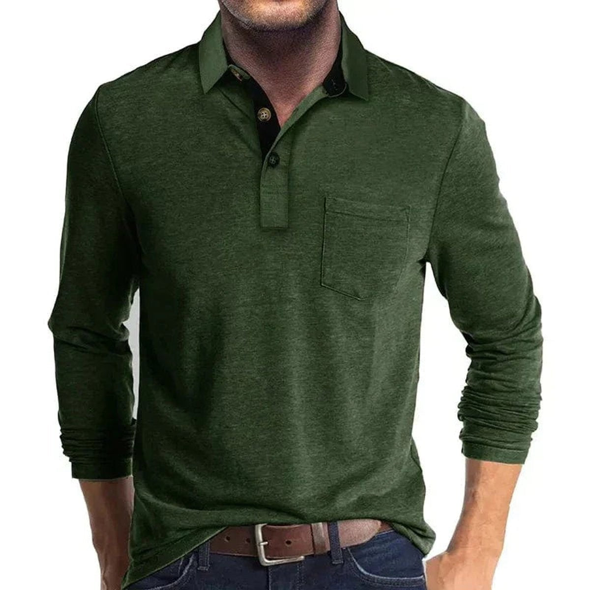 Olive green long-sleeve polo shirt with contrast placket and chest pocket