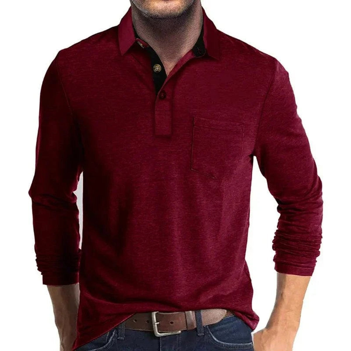 Burgundy long-sleeve polo shirt with contrast black collar and button placket