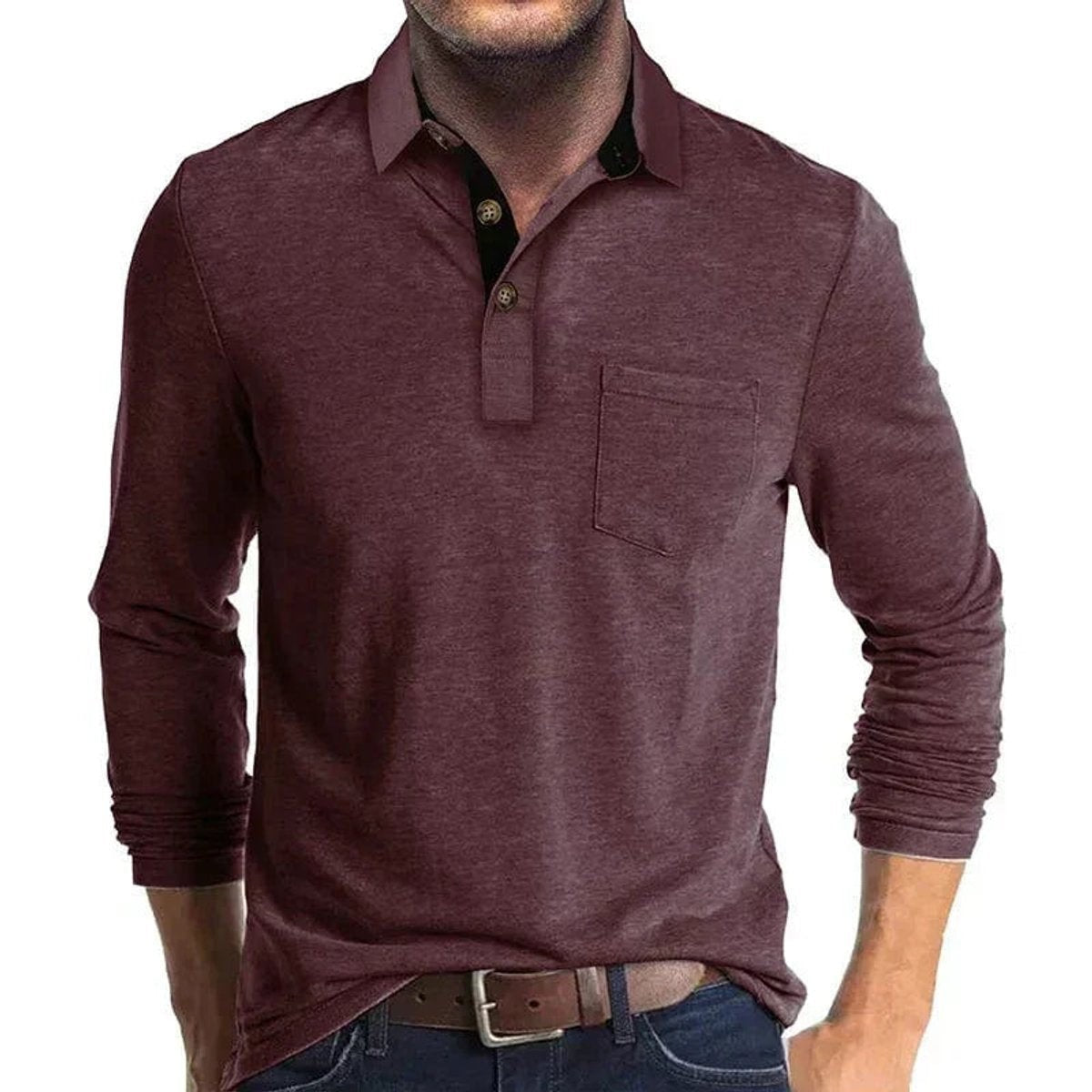 Wine red long-sleeve polo shirt featuring buttoned placket and front pocket