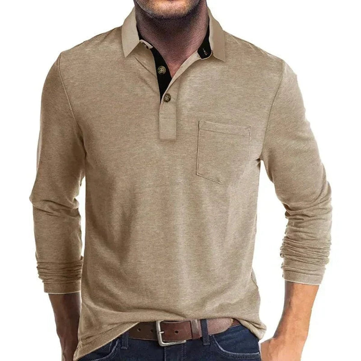 Beige long-sleeve polo shirt with contrast black collar trim and pocket