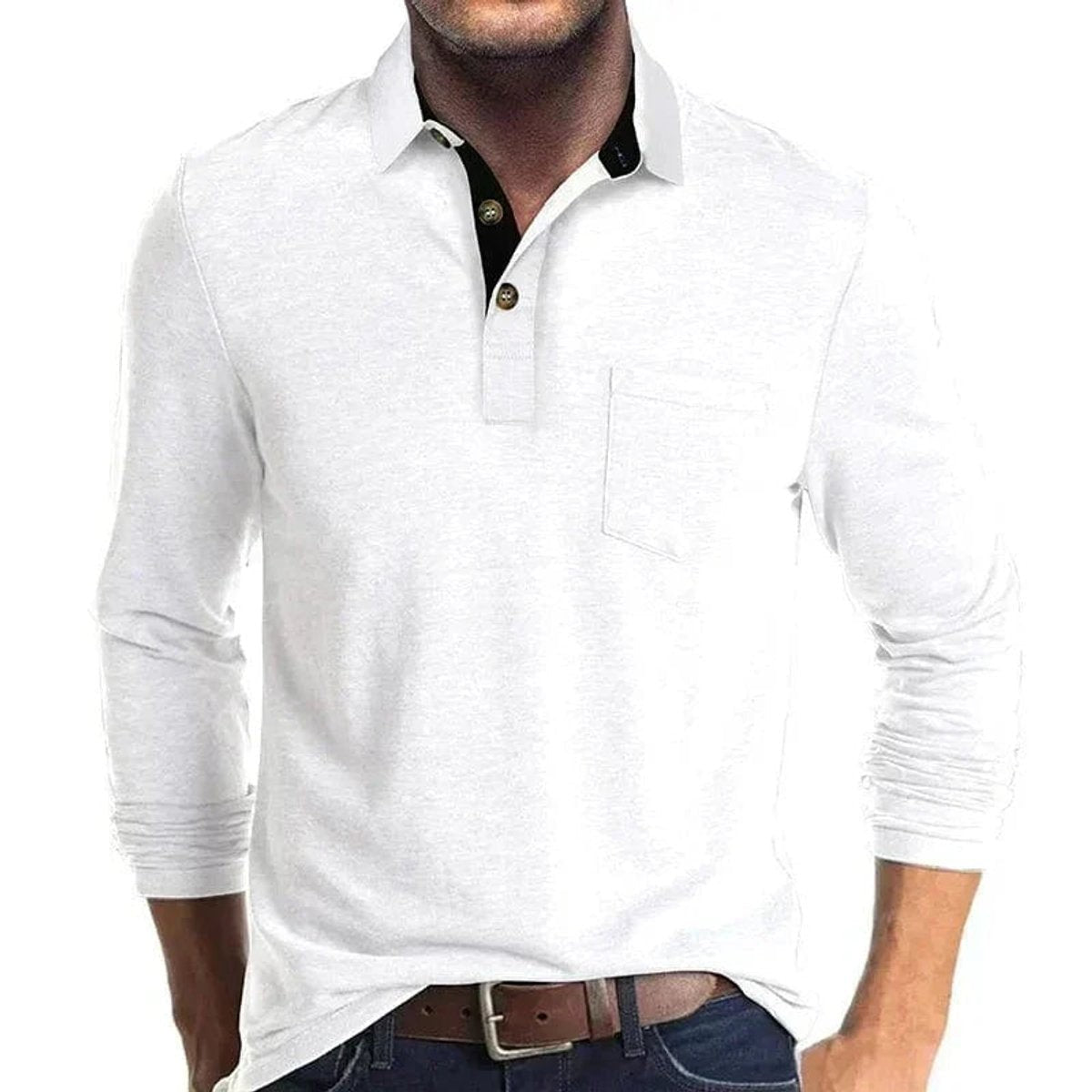 White long-sleeve polo shirt with contrast black placket and chest pocket