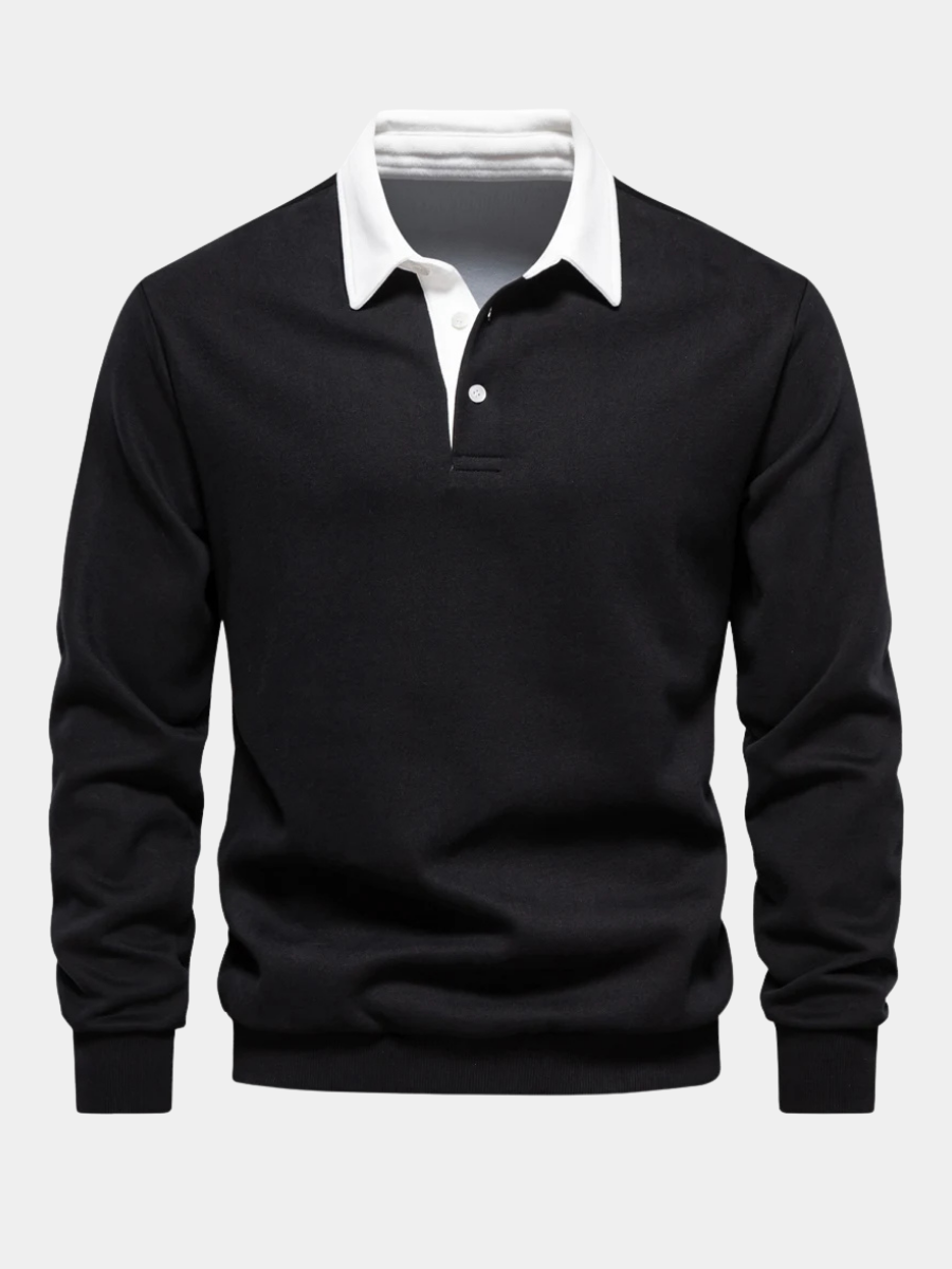 Black rugby polo jumper with contrast white collar and button placket