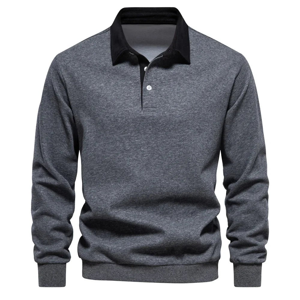 Charcoal grey marl polo jumper with black collar and cuffs