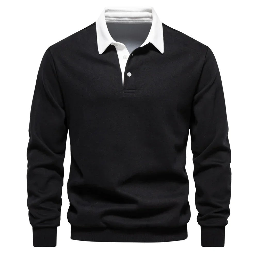 Black long-sleeve polo sweatshirt featuring a crisp white collar