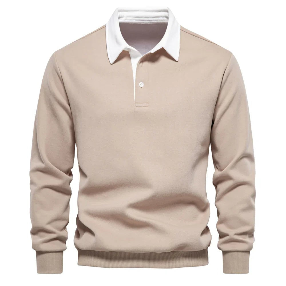 Beige polo sweatshirt with contrasting white collar and buttons