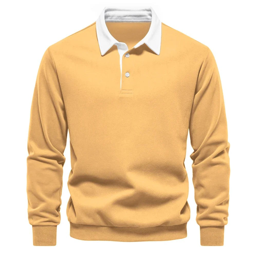 Mustard yellow rugby-style polo jumper with white collar detail