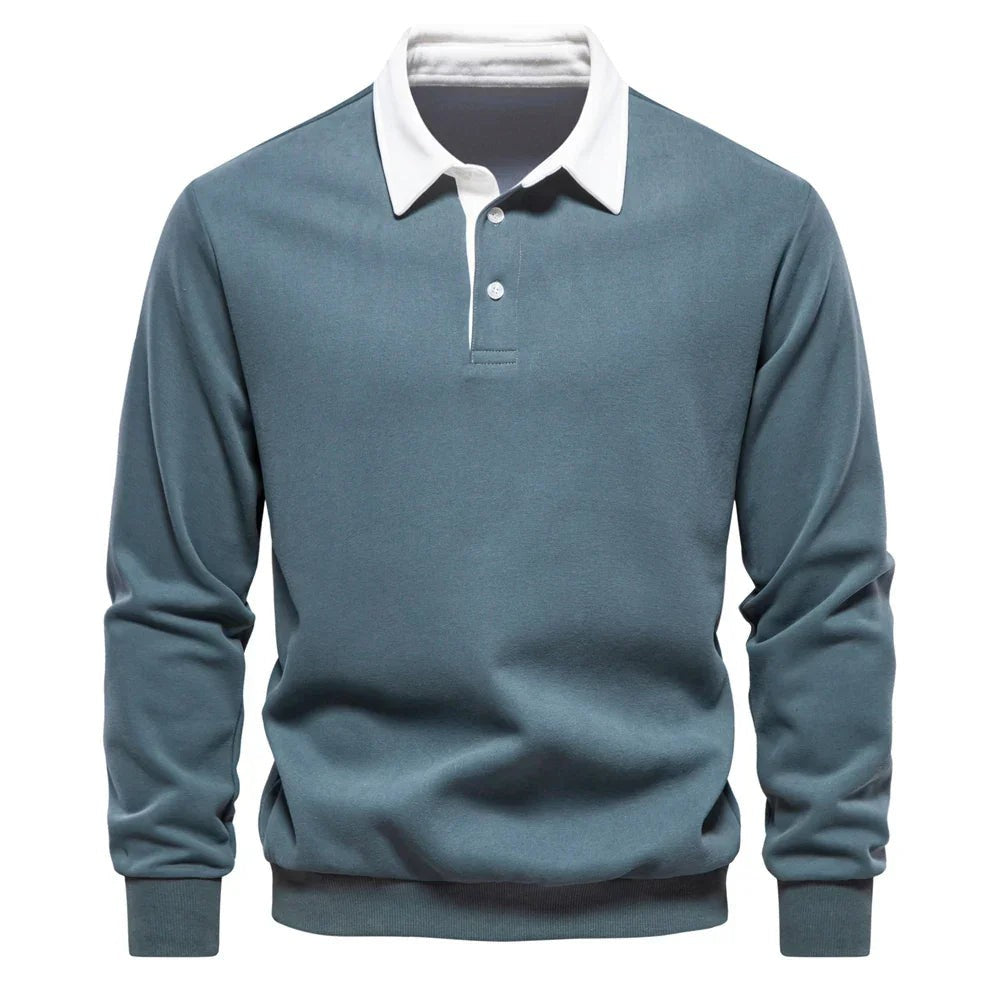 Slate blue polo sweatshirt with contrast white collar and cuffs