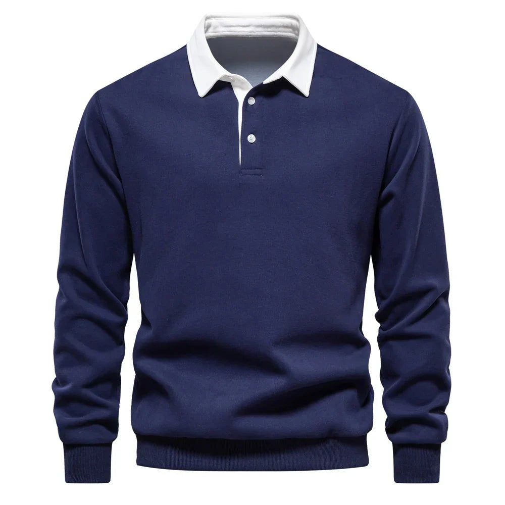 Navy polo sweatshirt with classic white collar and button placket