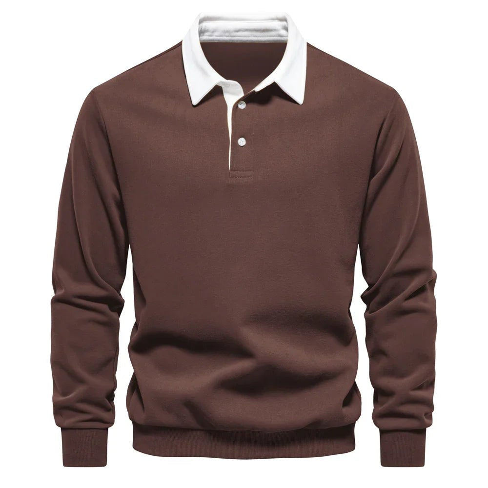 Chocolate brown rugby polo jumper with contrasting white collar