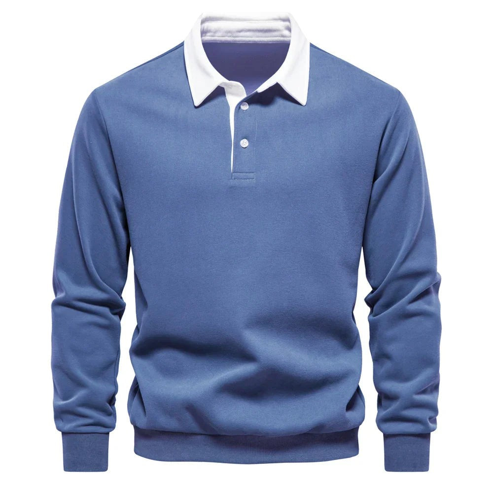Denim blue polo sweatshirt with white collar and ribbed cuffs