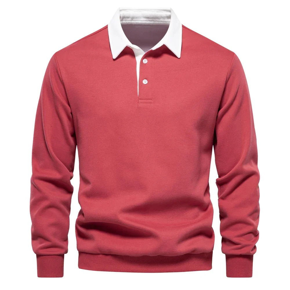 Coral red polo sweatshirt featuring a contrast white collar