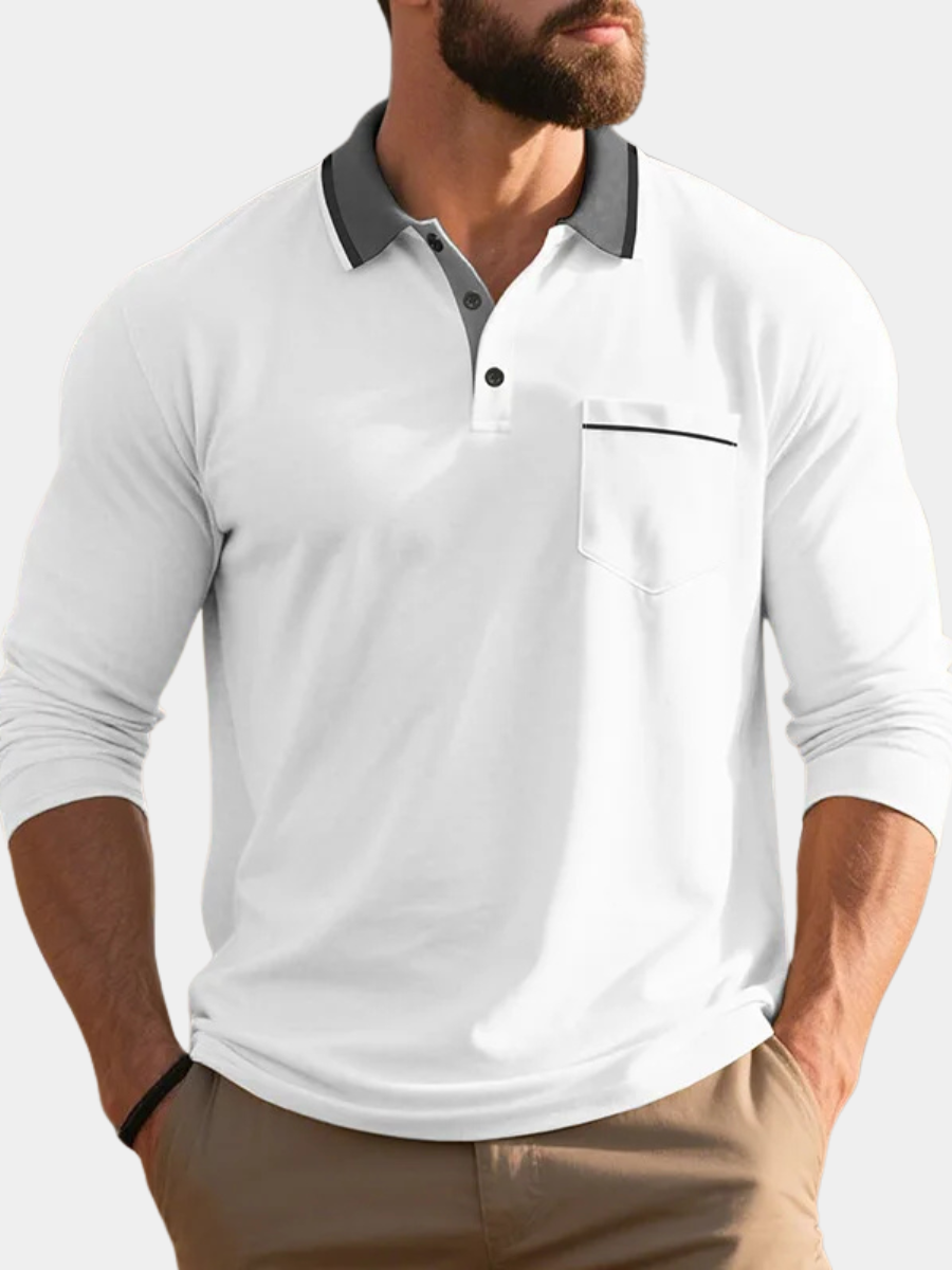 White long-sleeve polo shirt with contrast grey collar and chest pocket