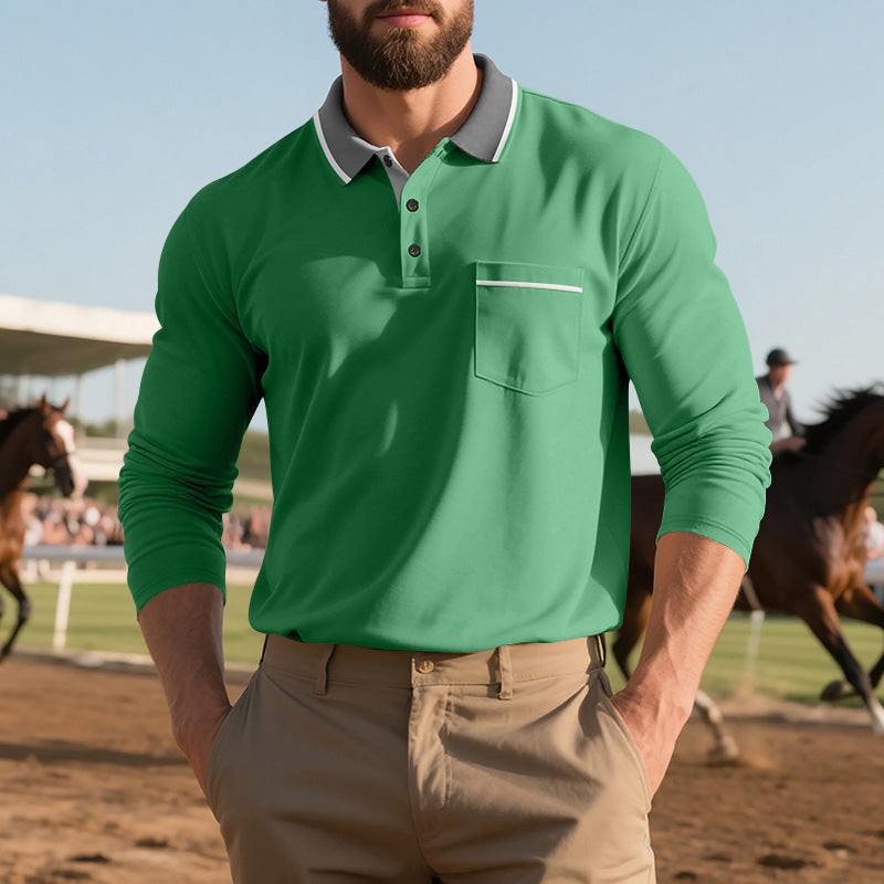 Green polo shirt with contrast grey collar and white pocket trim