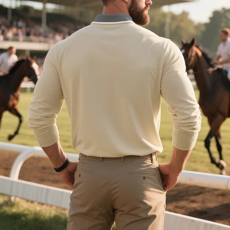 Rear view of cream polo shirt showing ribbed collar and long sleeves