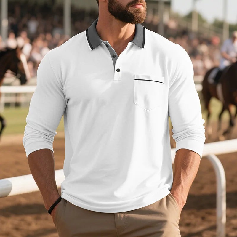 Man wearing white contrast-collar polo shirt with buttoned placket at racecourse