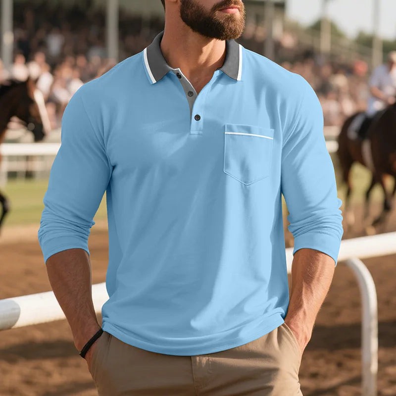 Sky blue polo shirt with contrast grey collar and buttoned neckline