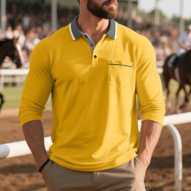 Yellow long-sleeve polo shirt with striped collar and pocket detail