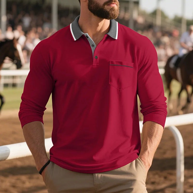 Burgundy long-sleeve polo shirt with grey striped collar and buttons