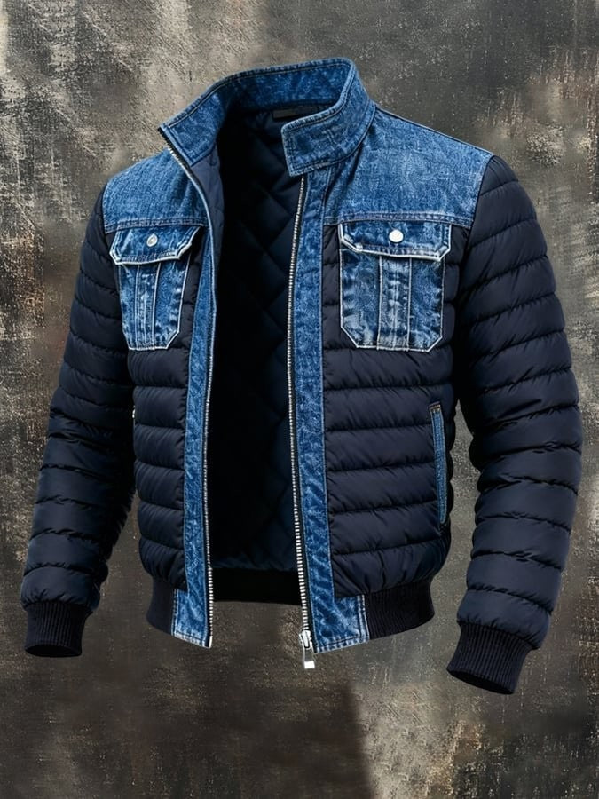 Men's navy quilted bomber jacket with contrasting denim shoulder panels and pockets