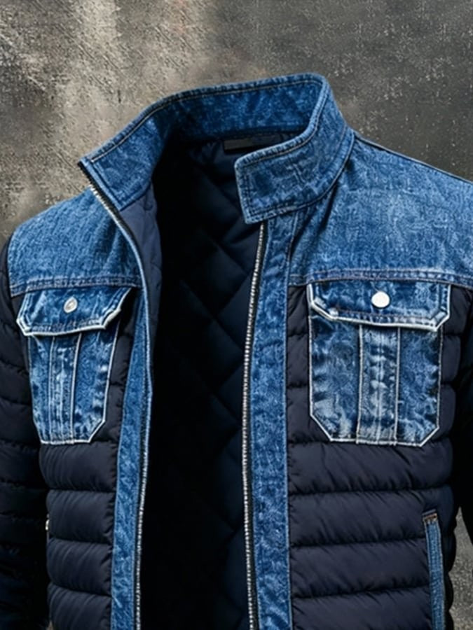 Denim collar and chest pockets detail on navy padded bomber jacket for men