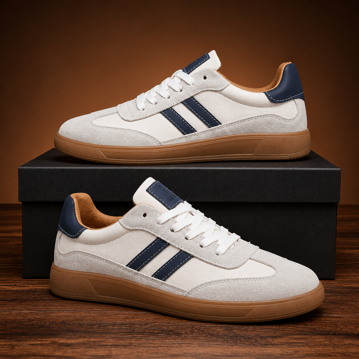 Pair of white suede trainers with navy stripes displayed on shoe box