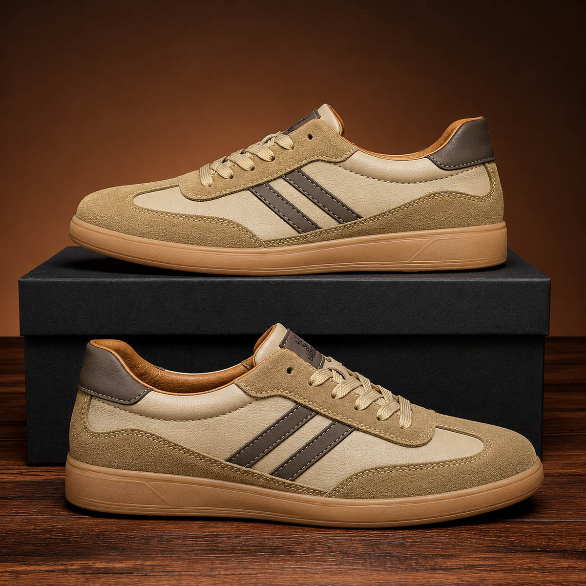 Beige suede trainers with brown stripes shown beside shoe box