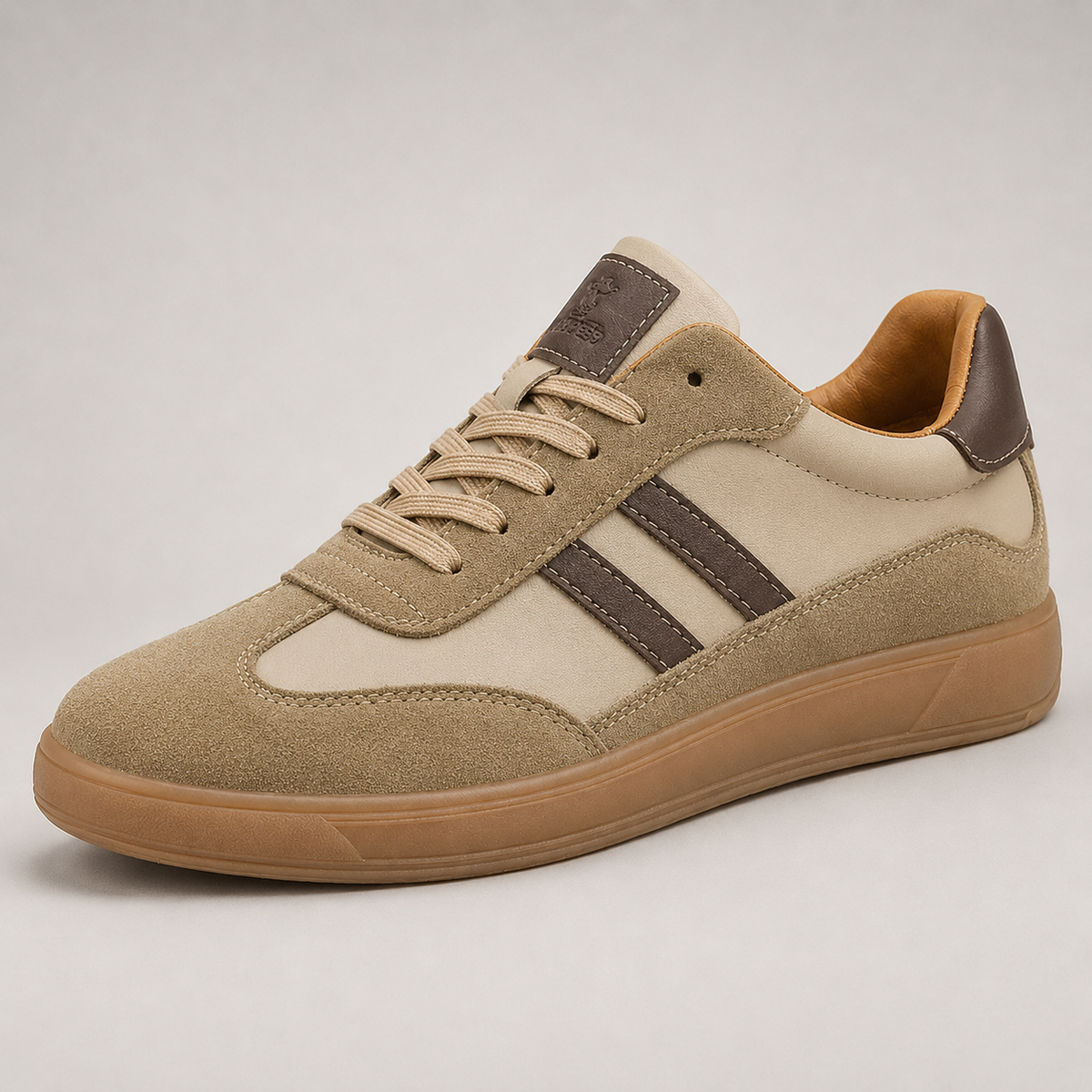 Beige suede trainer with brown stripes and contrast heel tab