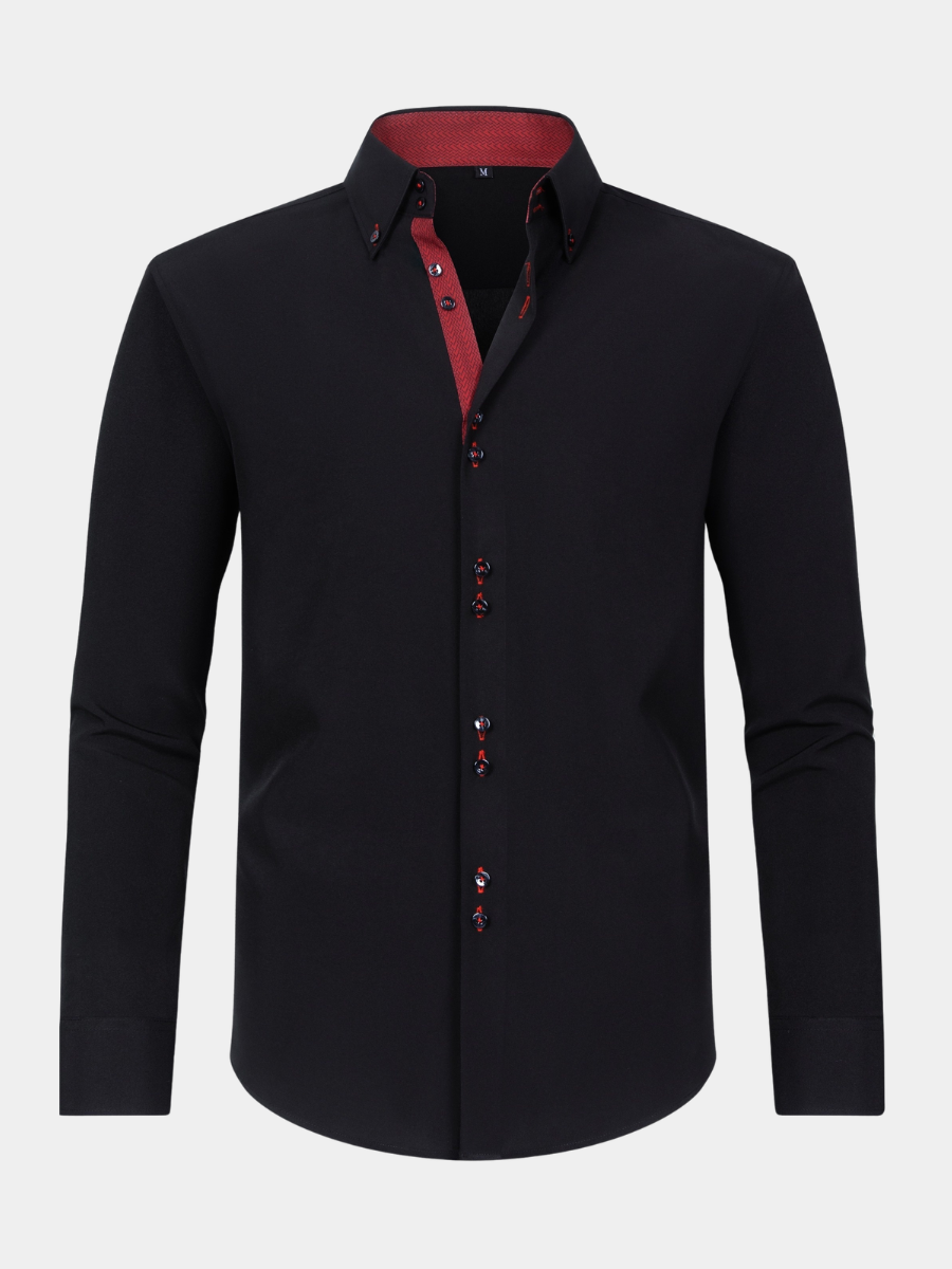 Black long-sleeve shirt with red contrast trim and button-down double collar