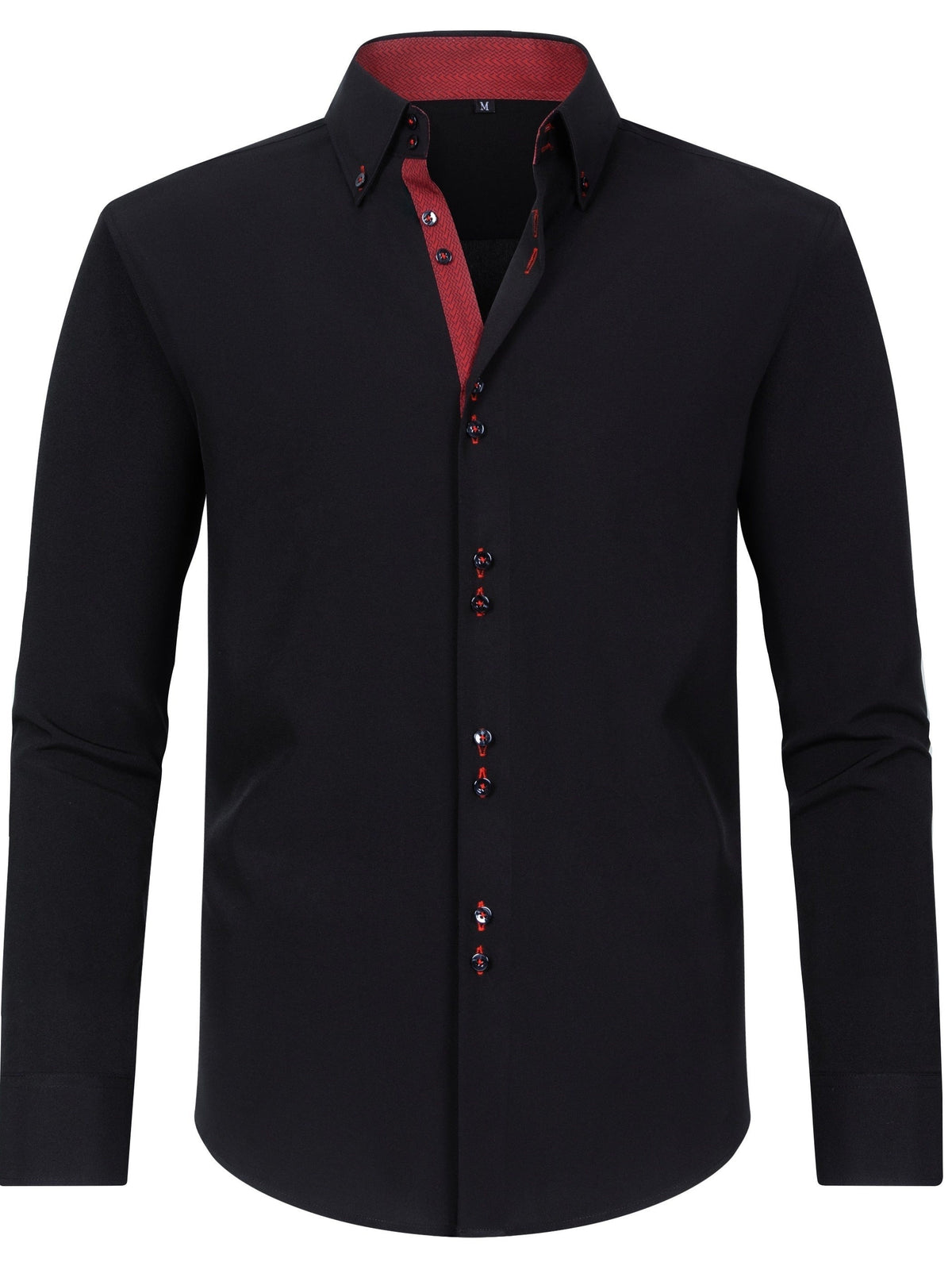 Slim-fit black dress shirt featuring red patterned placket detailing