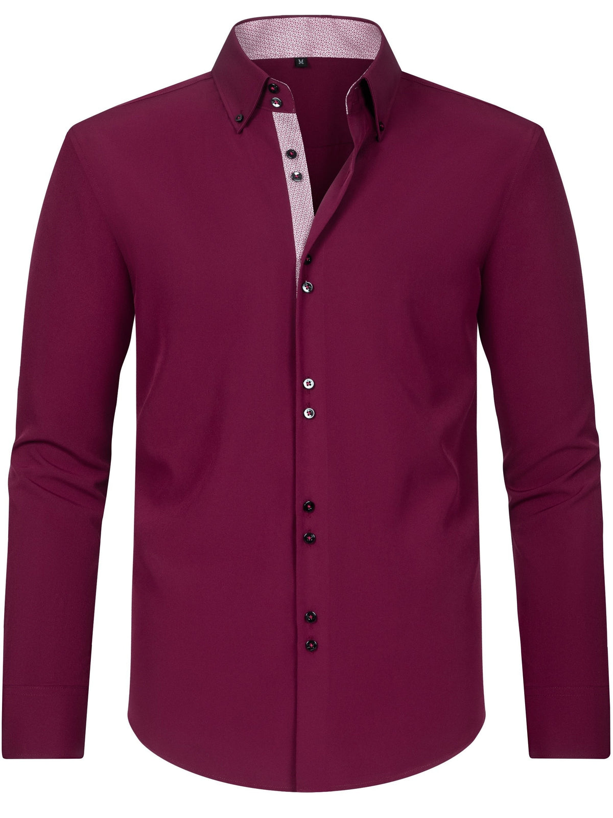 Black button-down shirt with red woven inner collar contrast