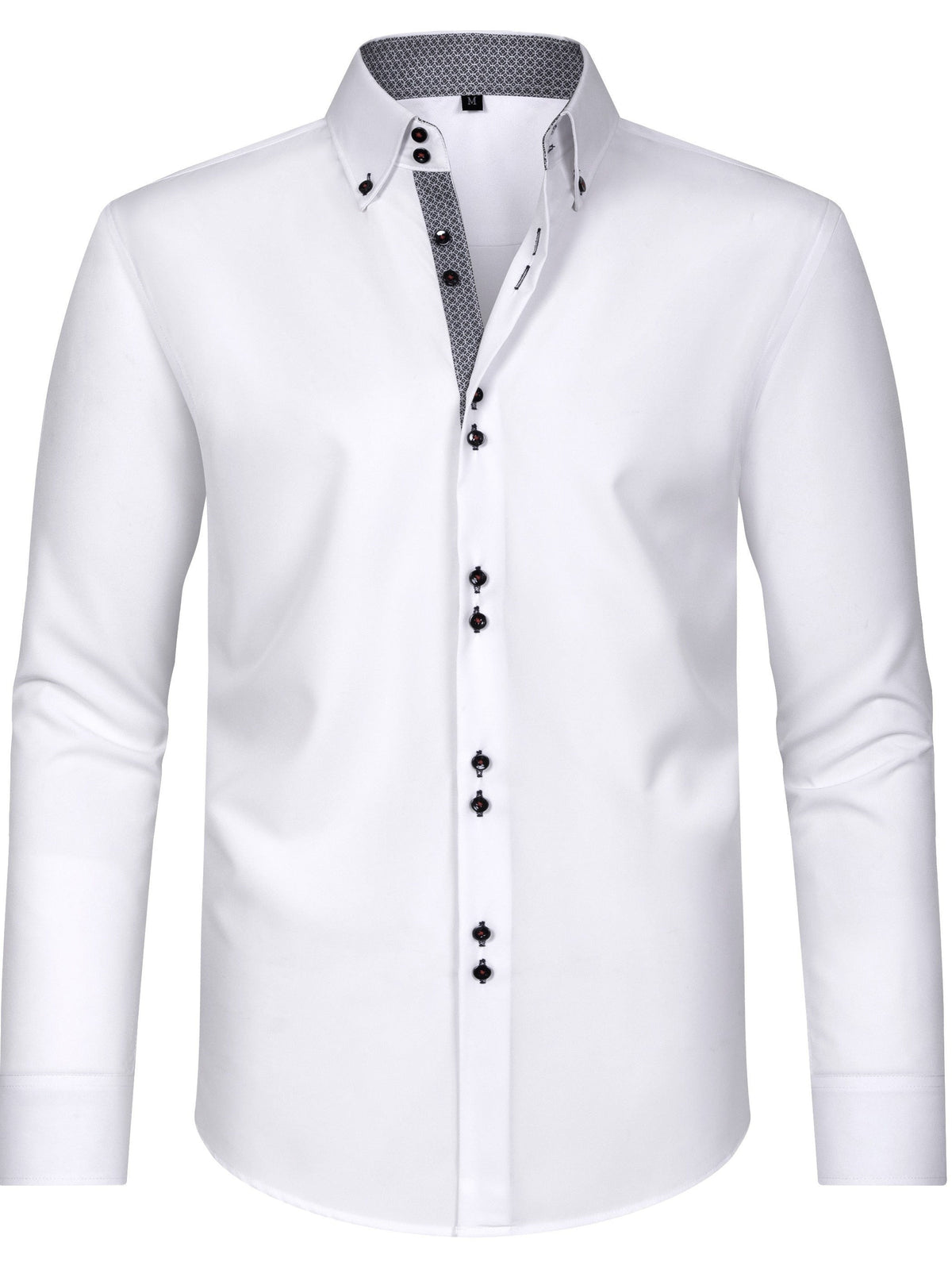 Navy long-sleeve shirt with red stitching and blue patterned collar trim