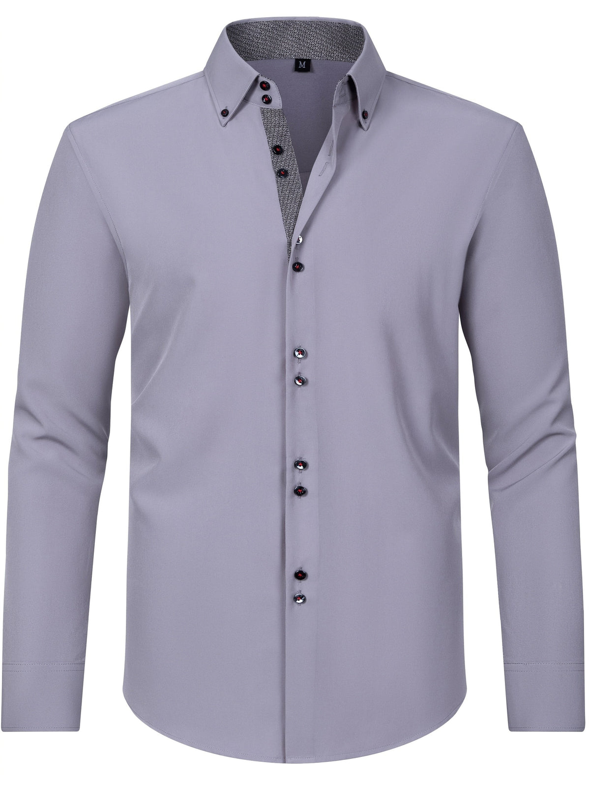 White dress shirt with black patterned placket and double button-down collar