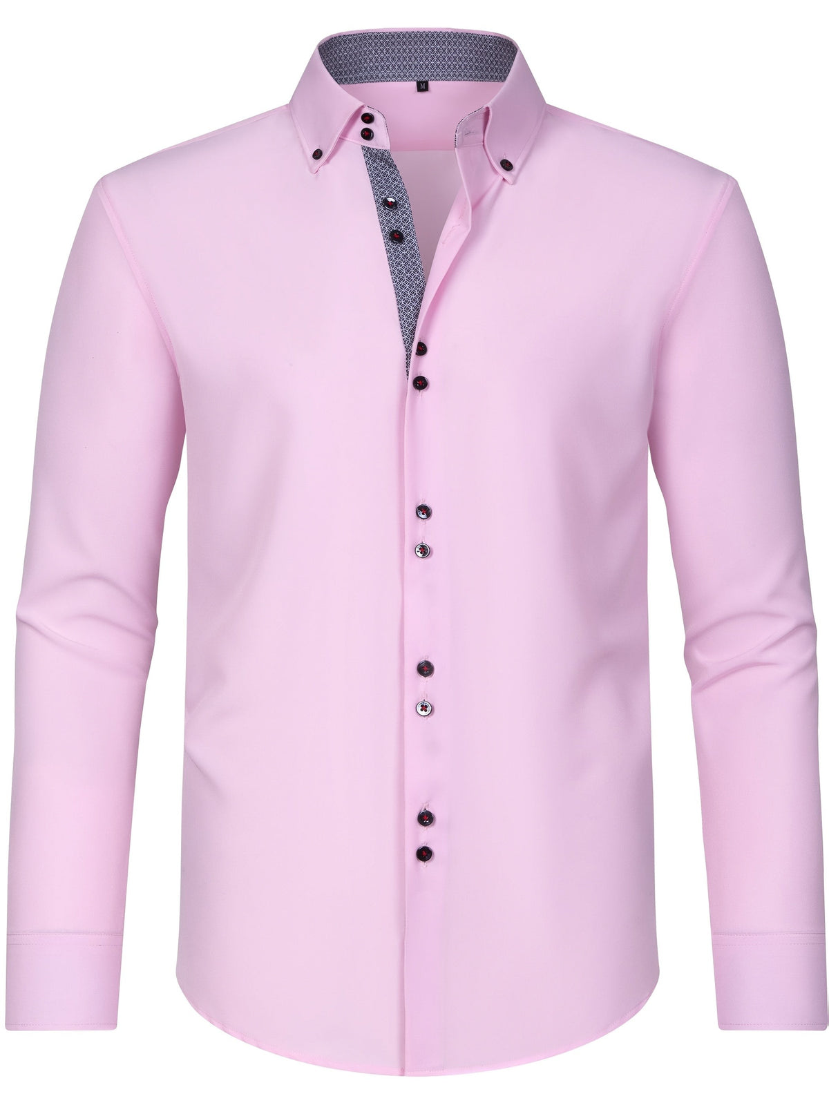 Grey slim-fit shirt featuring black patterned trim on the placket