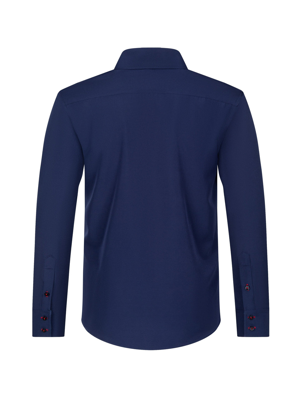 Light blue long-sleeve shirt with red button and patterned trim accents