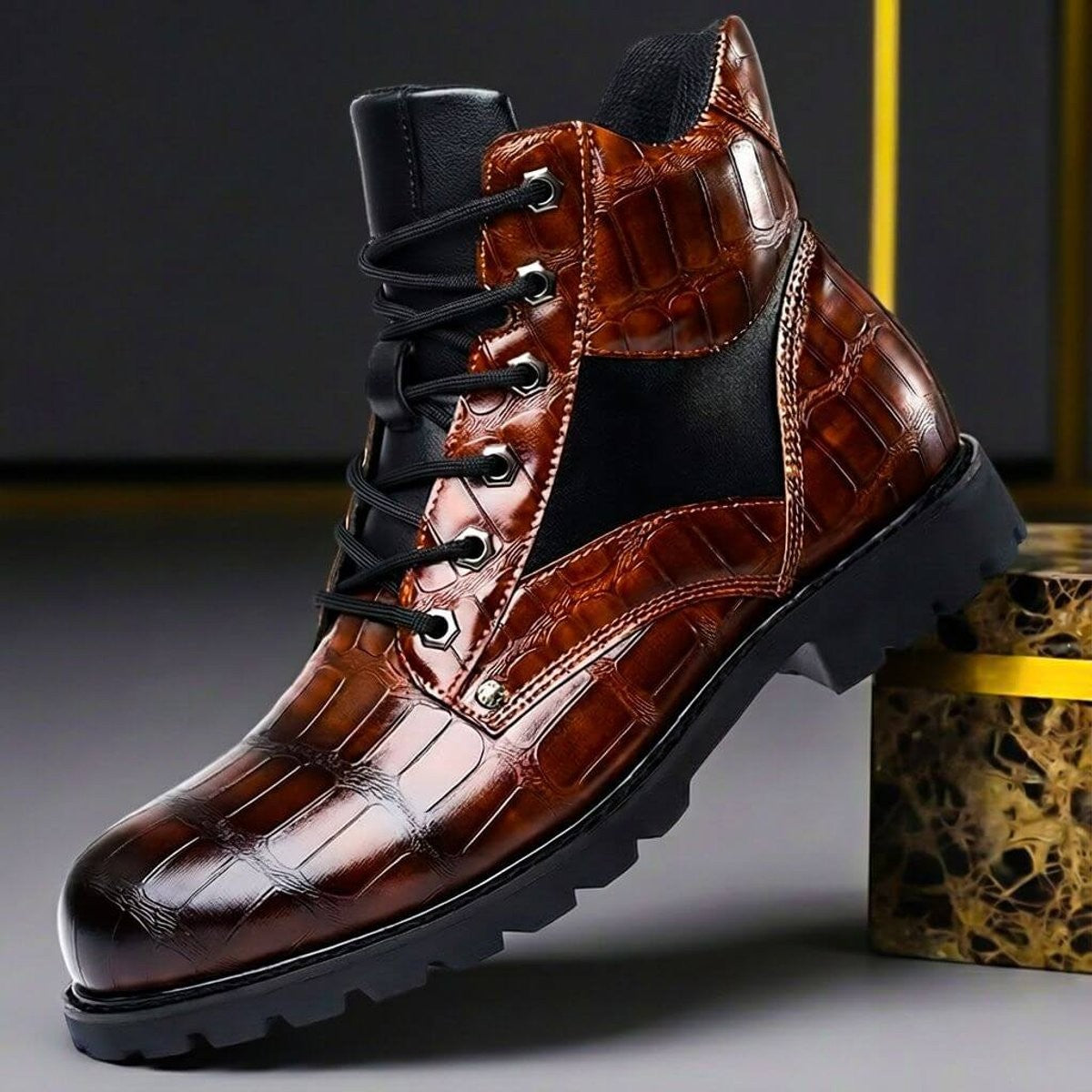 Brown croc-embossed leather ankle boot with lace-up front and chunky sole