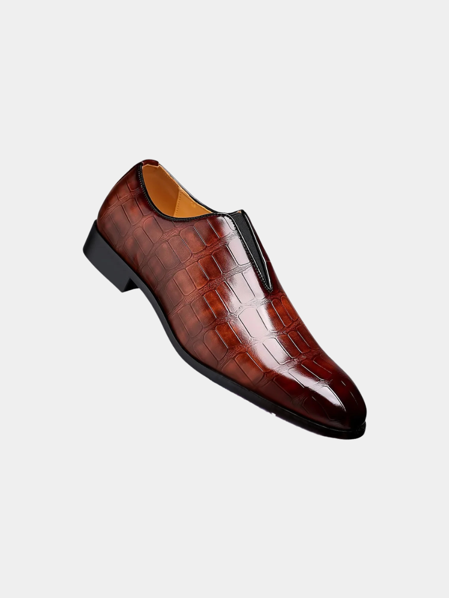 Men's brown crocodile-effect leather slip-on dress shoe with pointed toe
