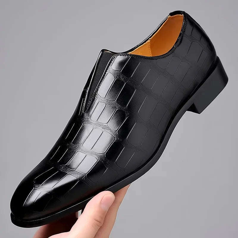 Black croc-embossed leather slip-on dress shoe with glossy finish