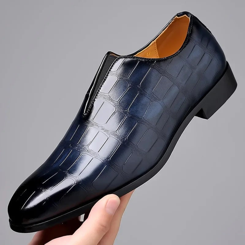 Navy crocodile-print leather loafer with tan leather lining