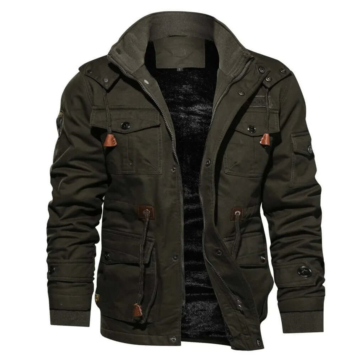 Men's khaki green fleece-lined jacket with multiple cargo pockets and stand collar