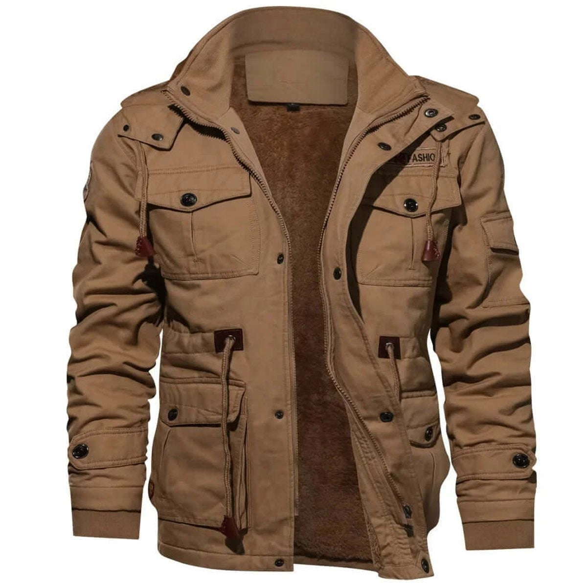 Tan fleece-lined winter jacket unzipped showing soft brown fur interior lining