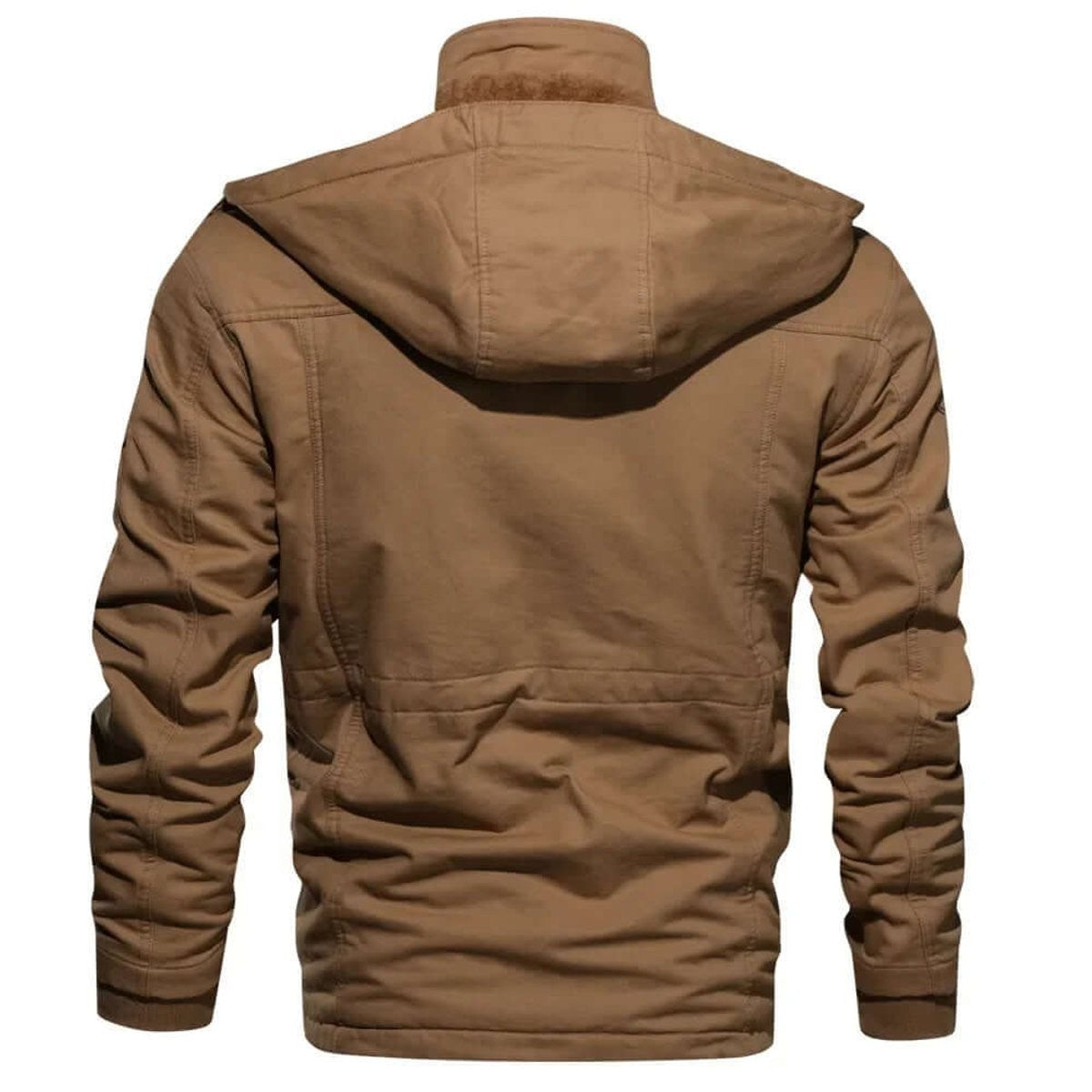 Rear view of tan cargo jacket with detachable hood and quilted shoulders