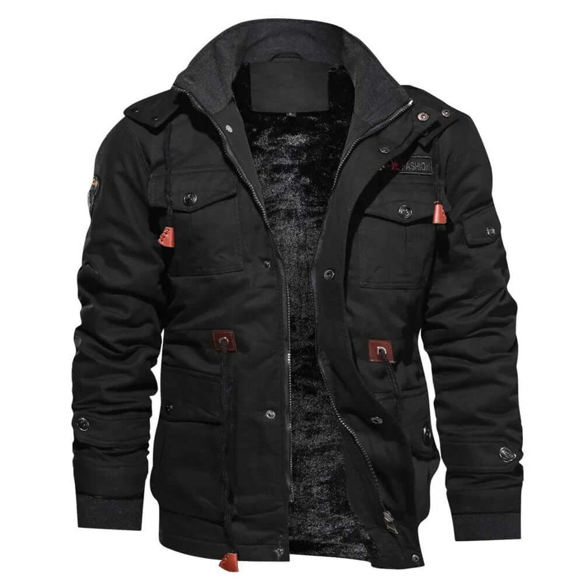 Black fleece-lined cargo jacket with stand collar and multiple front pockets