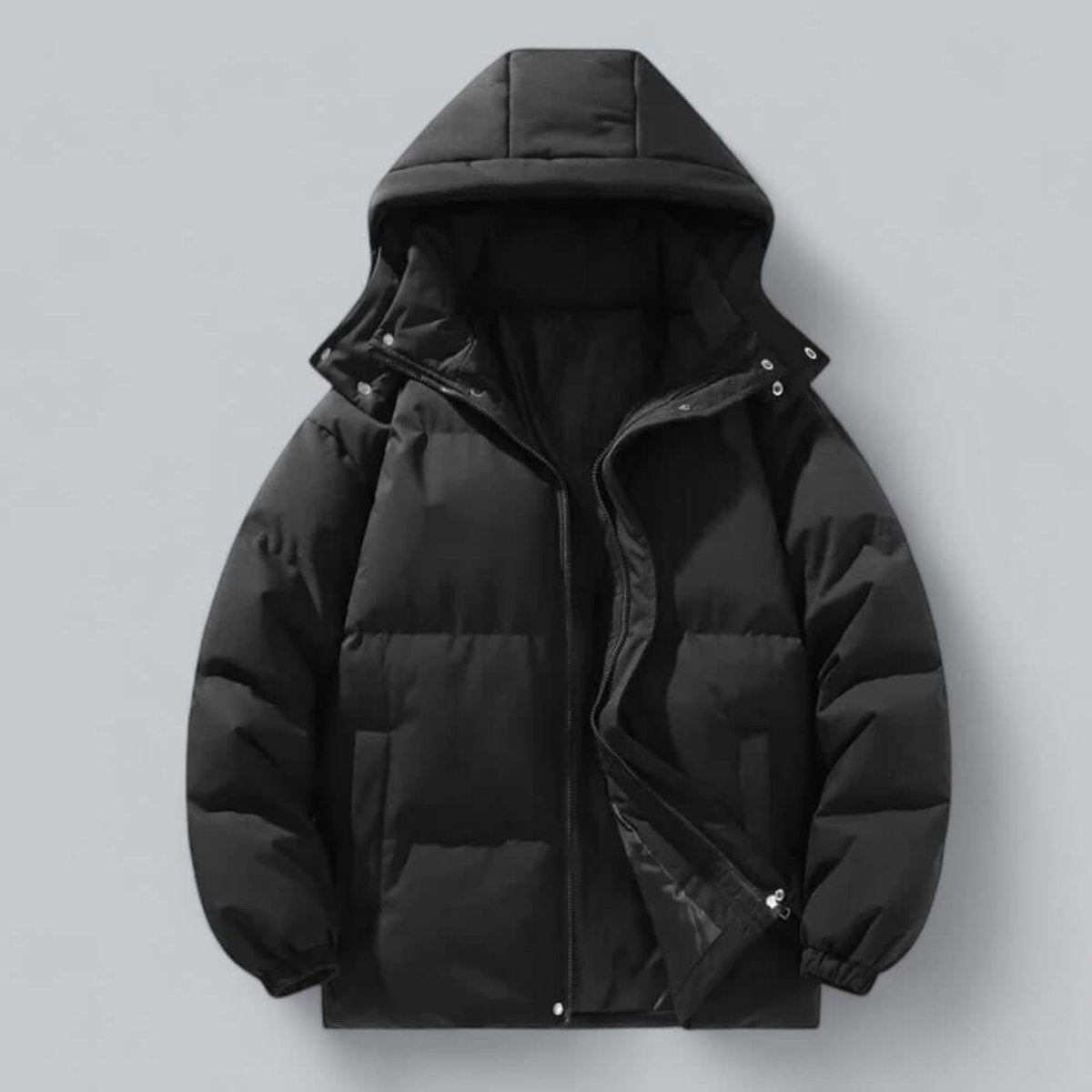 Black hooded puffer jacket with zip fastening and quilted padding, worn open