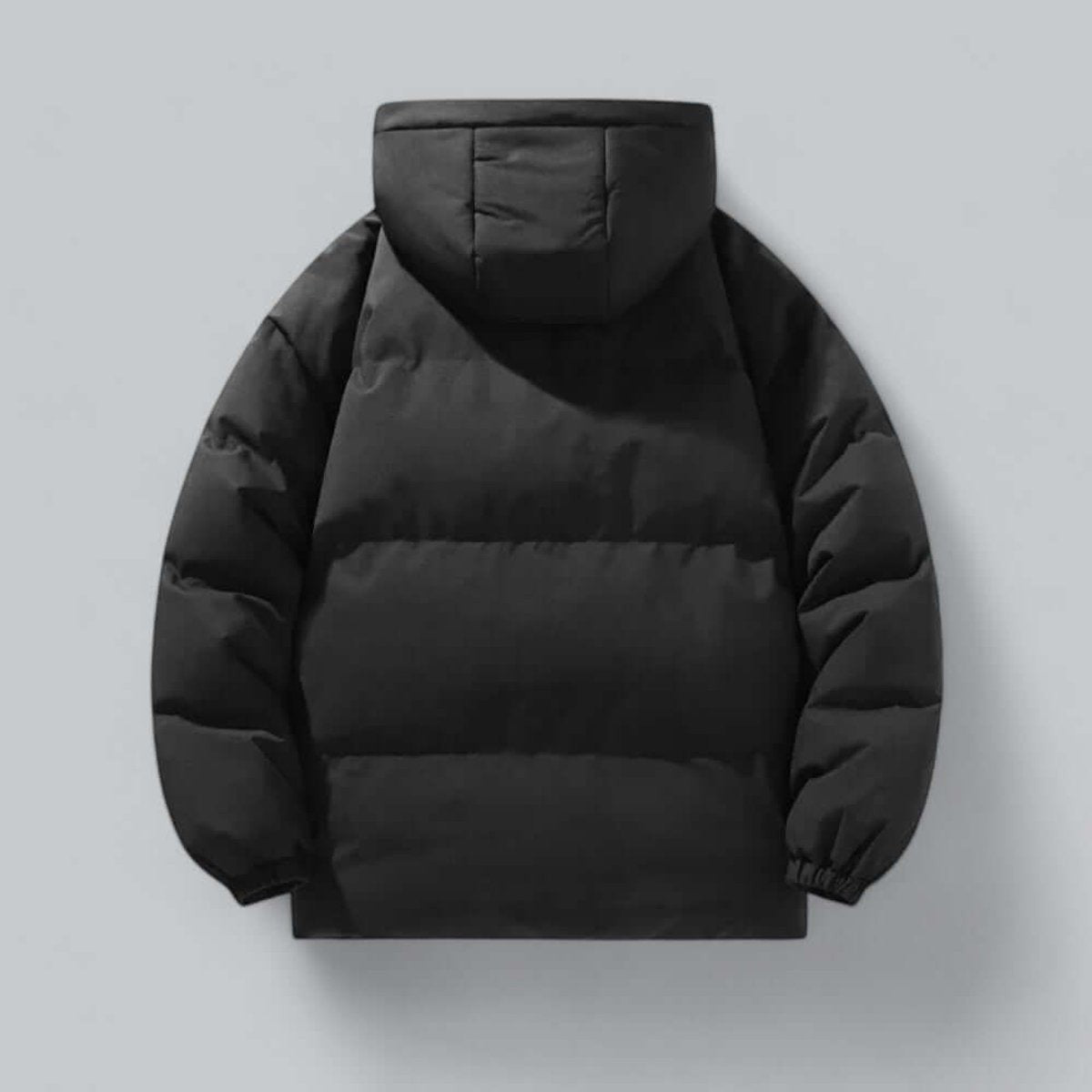 Rear view of black quilted puffer jacket with attached hood